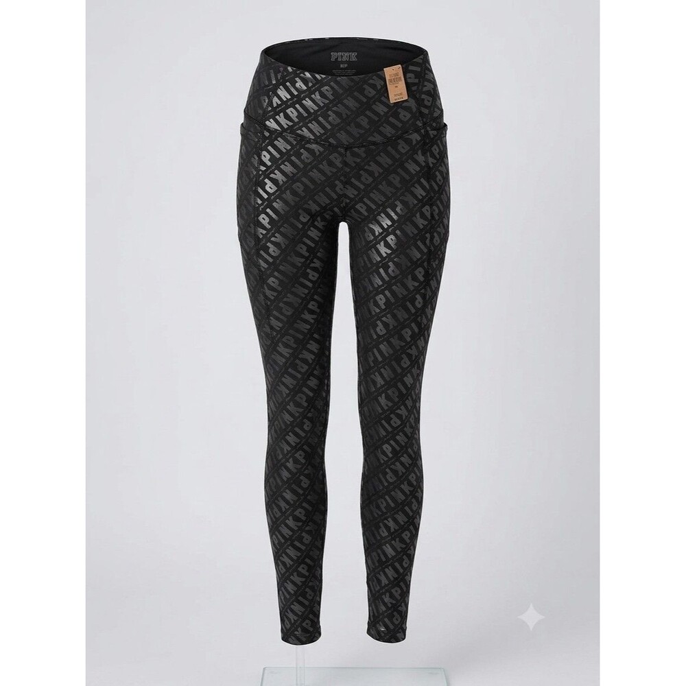 PINK Victoria's Secret Metallic Logo Active Leggings Black Women's S Petite NEW